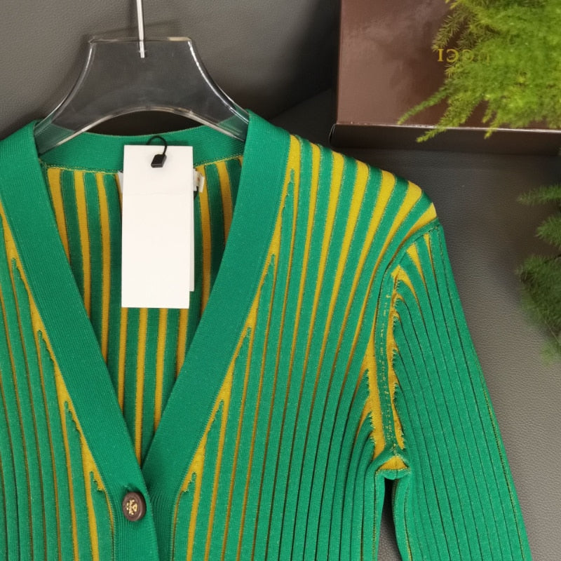 Early Autumn New Women's Ribbed Knitted Cardigan Niche Long-Sleeved Hundred Pit Stripes Thin V-Neck Cardigan Tops