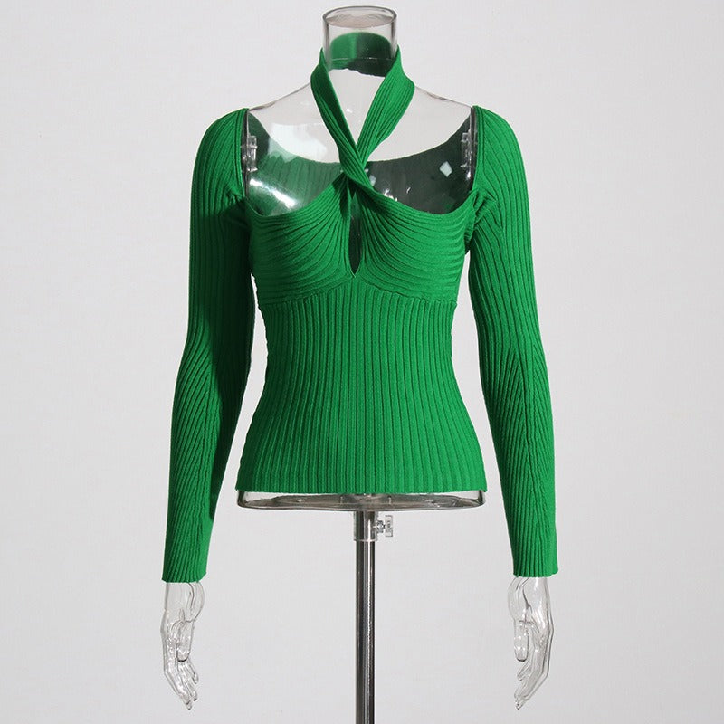 Sexy Fall New Hollow Strapless Knotted Long-Sleeved Stitching Knitted Women's Shirt