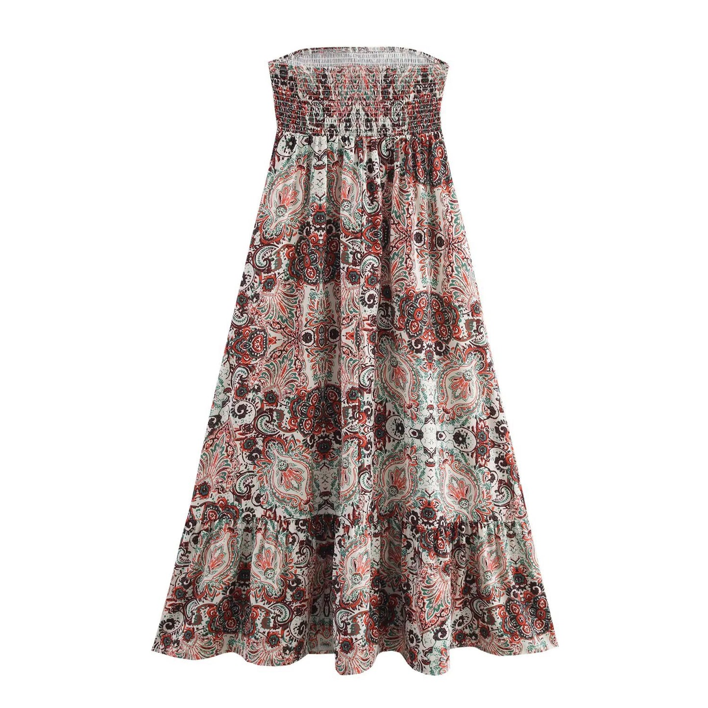 Strapless collar printed waist cinching A-line dress for women
