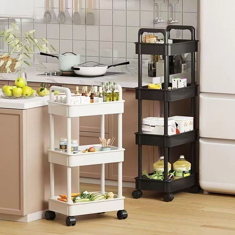 White rolling storage cart. Multifunctional, open shelves for books, ideal for kitchen & bedroom storage