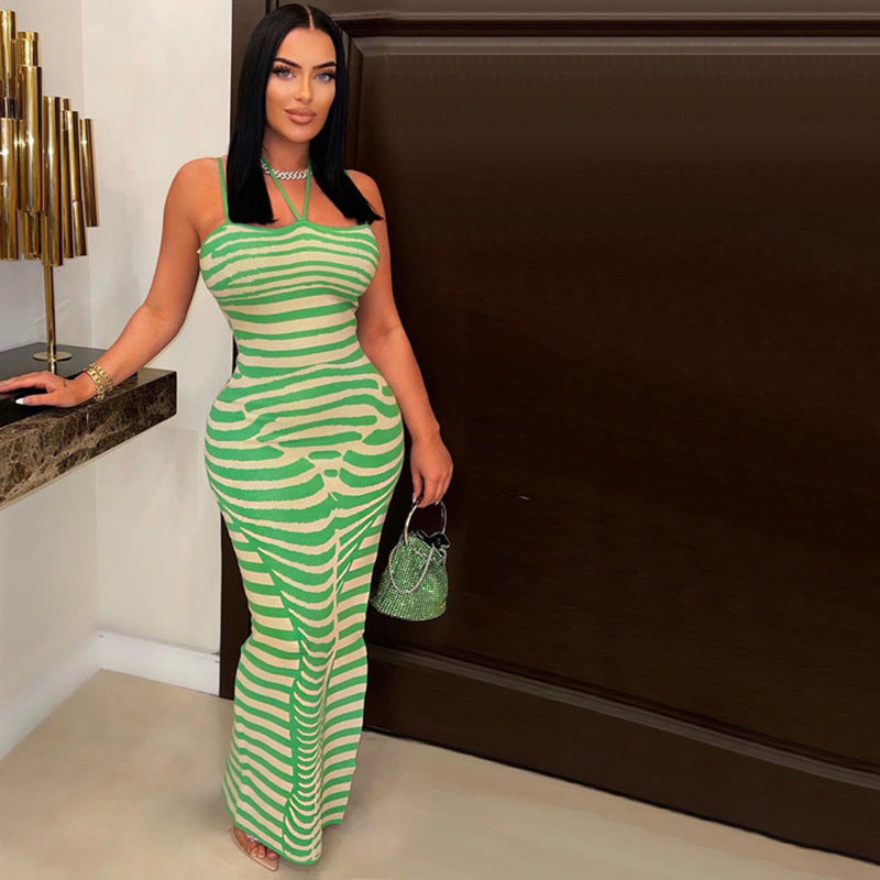 Women Striped Printed Knit Sleeveless Dress Vestidos Sexy Party Evening Dresses