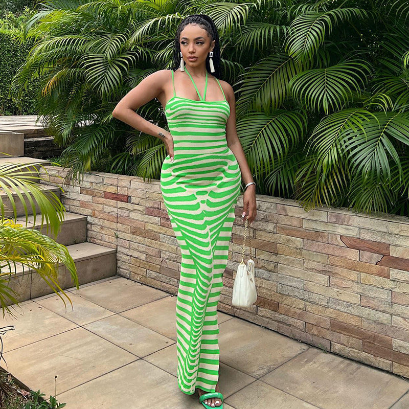 Women Striped Printed Knit Sleeveless Dress Vestidos Sexy Party Evening Dresses