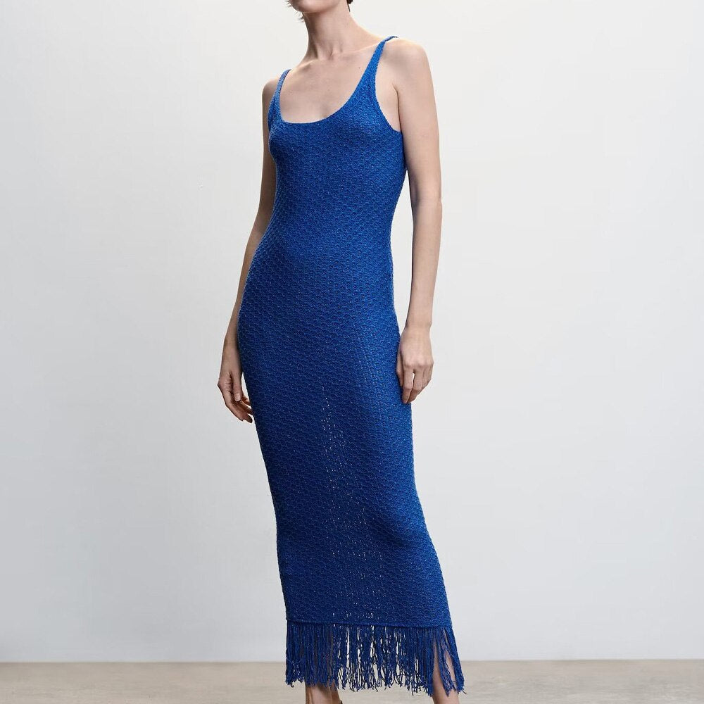 PB&ZA summer new women's temperament fashion round neck chic sexy tassel detail knitted camisole dress