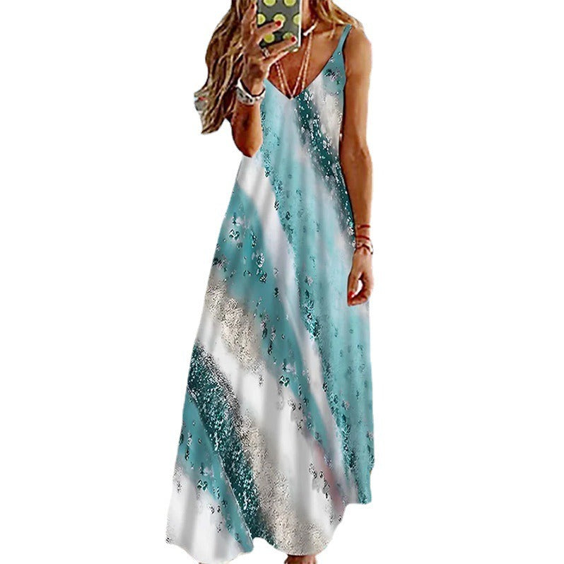 Spring New European and American Women's Fashion Print Loose Strap Dress