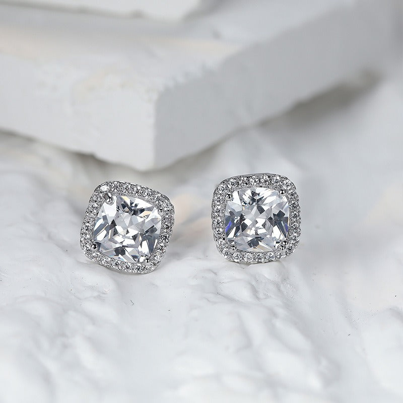 Aqua Blue Square Zircon Inlaid Diamond Full Diamond Earrings and Earrings Female