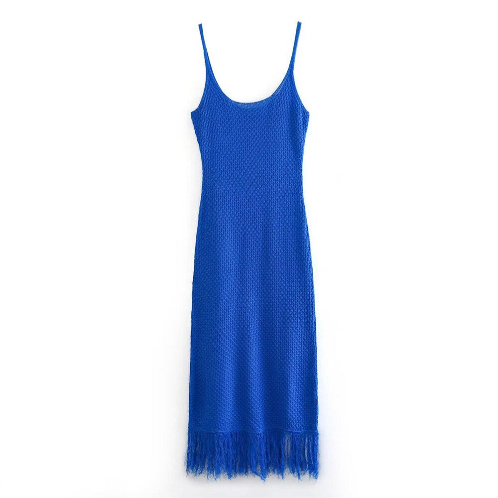 PB&ZA summer new women's temperament fashion round neck chic sexy tassel detail knitted camisole dress