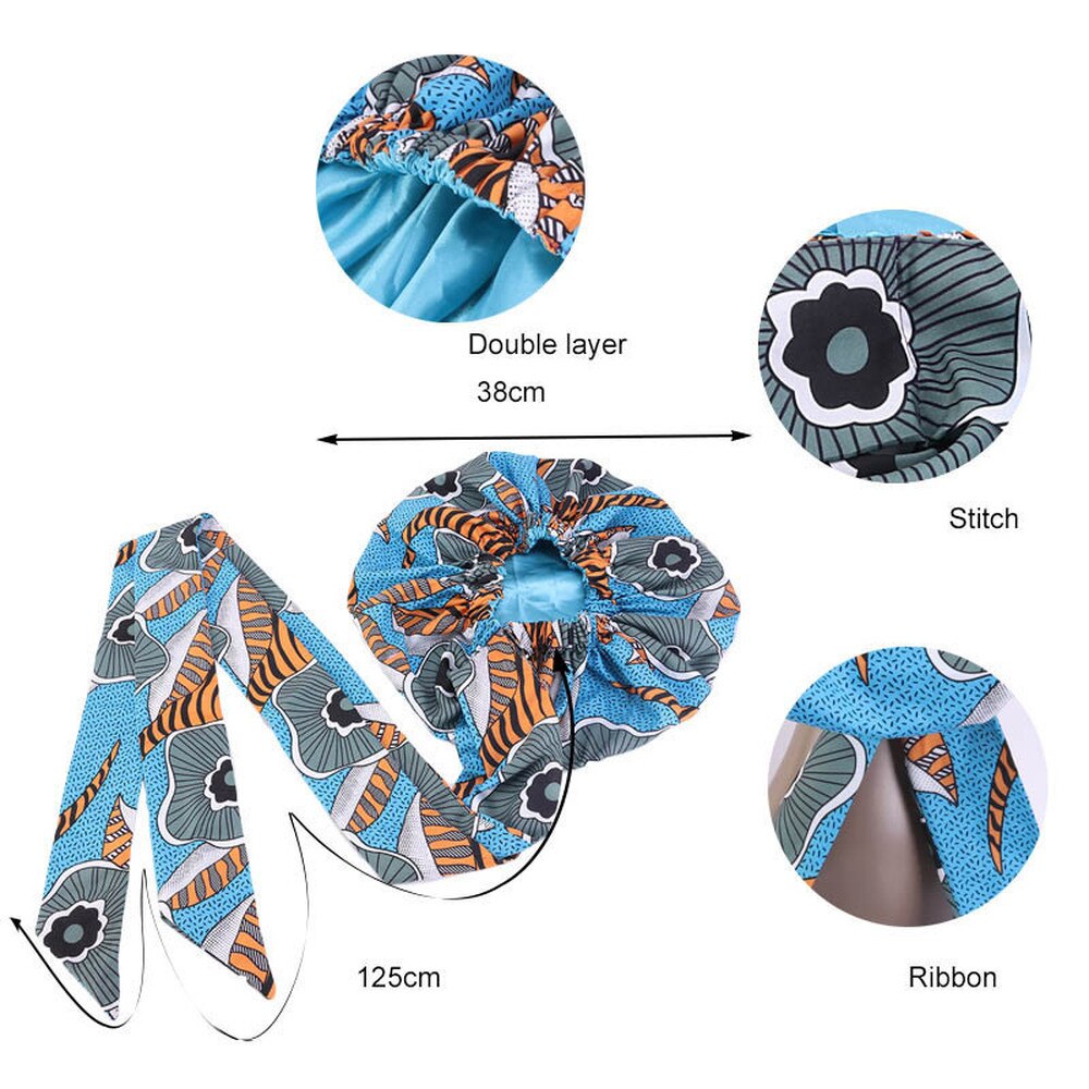 Helisopus Ladies African Print Satin Bonnet with Long Ribbon Head Wrap Women Double Layer Turban Ankara Pattern Party Headwrap