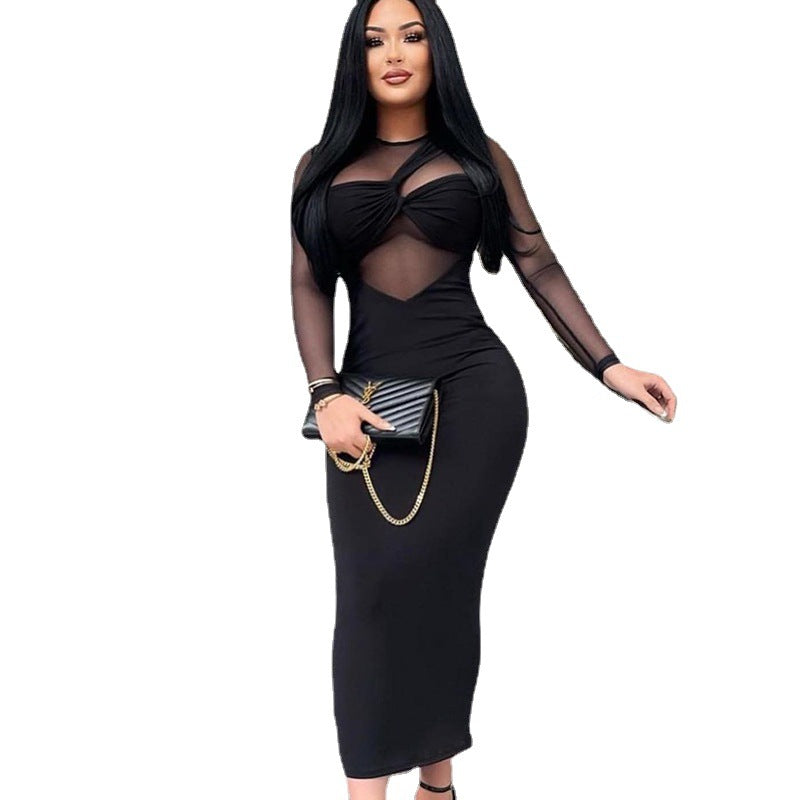 CREW NECK MESH PANEL LONG SLEEVE MID-LONG SKINNY DRESS
