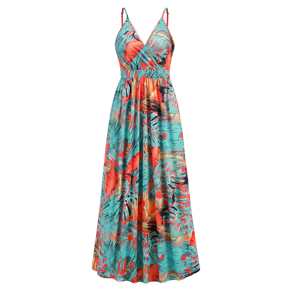 Bohemian V-Neck Dress with Sexy Lace Print