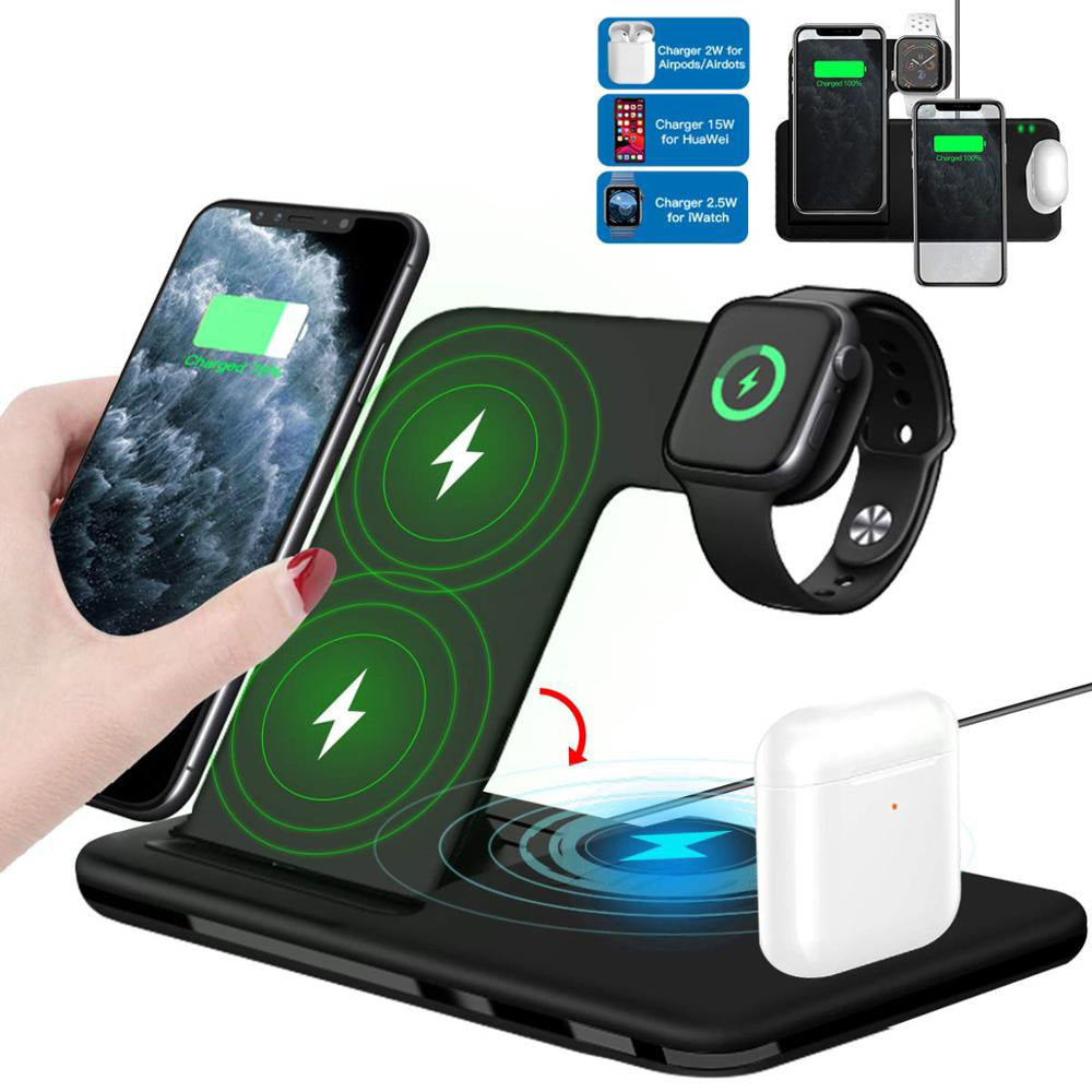 15W Qi Fast Wireless Charger Stand For iPhone 11 XR X 8 Apple Watch 4 in 1 Foldable Charging Dock Station. Accessories