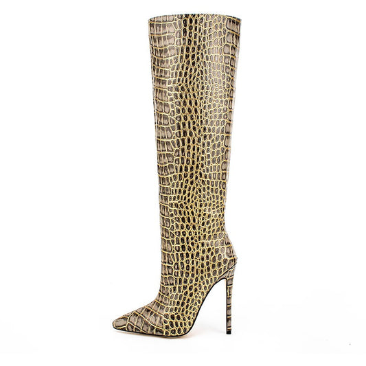 Crocodile Print Women High Boots Sexy Ladies Party Stiletto Women Large Size Shoes Pointed Toe High Heels Women High Knee Boots