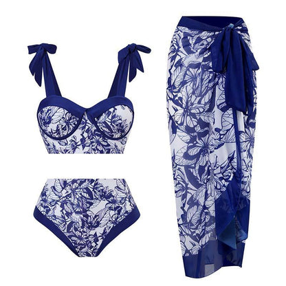 Split Three Piece Set of Vintage Swimsuits From Europe and America, Popular Swimwear with Lace Up Beach Skirts