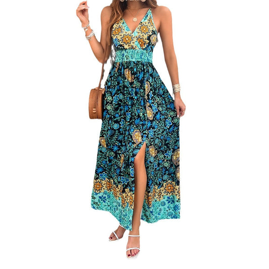 European and American spring and summer women's temperament printed suspender dress