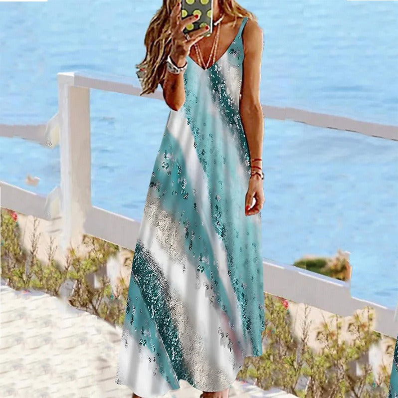 Spring New European and American Women's Fashion Print Loose Strap Dress