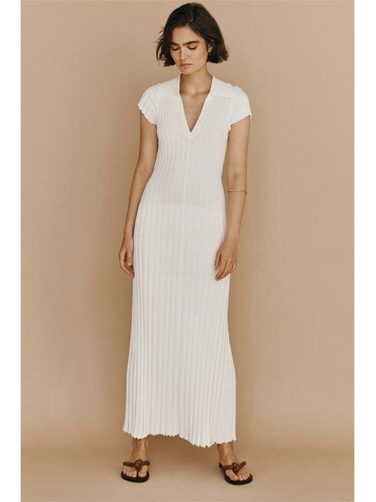 Green Cotton Lapel Knitted Pit Stripe Maxi Dress Short-sleeved V-neck Waist Closure Dresses Female Casual Slim Long Dress