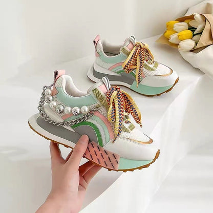 Women Leather Sneakers Lace Up Rainbow Colors Platform Shoes Pearls Chain