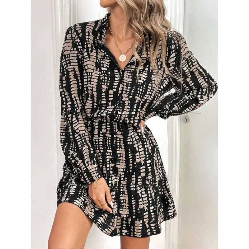 Tie dye printed waist cinching spring mid skirt dress