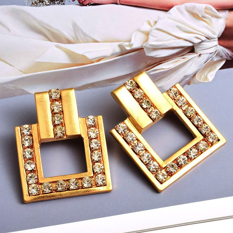 Geometric Gold Earrings Diamond Metal Square Earrings Jewelry Women's Accessories