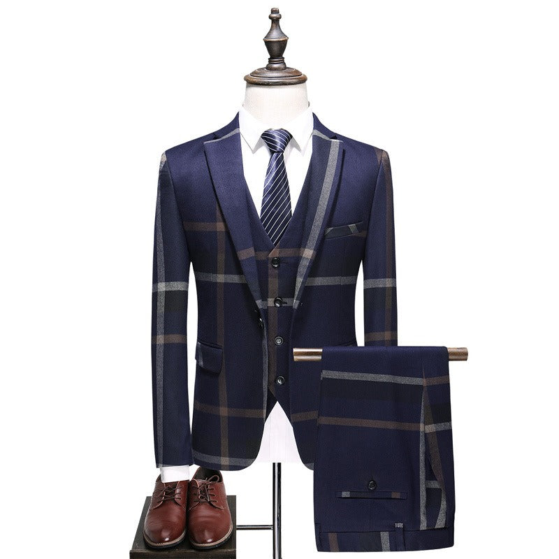 Suit Set Men's Casual Suit Three Piece Set Korean Fit Large Checked Groom Dress Set