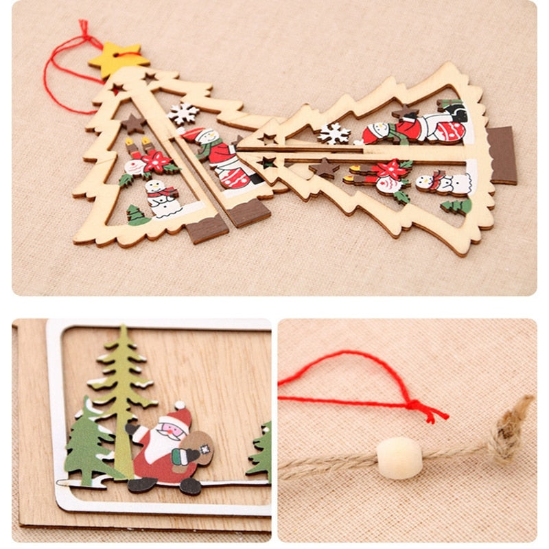 1PC 2D 3D Christmas Ornament Wooden Hanging Pendants Star Xmas Tree Bell Christmas Decorations For Home Party New Year Navidad