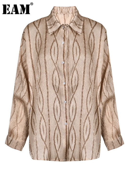 [EAM] Women Khaki Striped Big Size Casual Blouse New Lapel Long Sleeve Loose Fit Shirt Fashion Tide Spring Autumn 2023 1DF9044