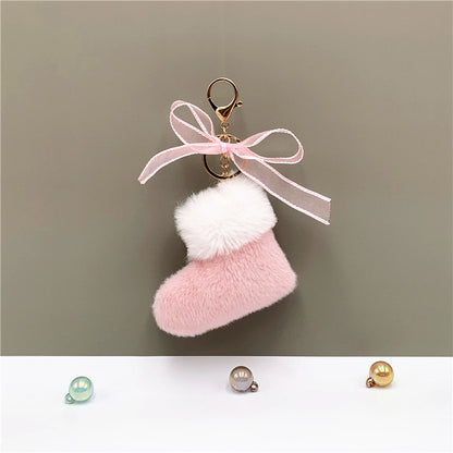 Christmas Boots Key Chain Cute Bow Bag Pendant Cartoon Plush Car Key Chain Ring Gift Accessories