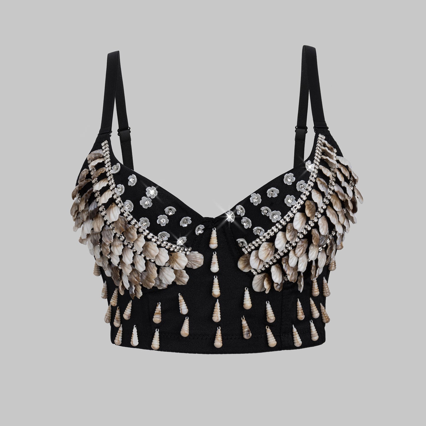 Sexy Black Bralette with Shell and Flower Decorations