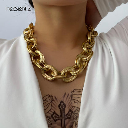 IngeSight.Z Vintage Chunky Thick Curb Cuban Choker Necklace Collar Statement Heavy Metal Clavicle Necklace for Women Men Jewelry