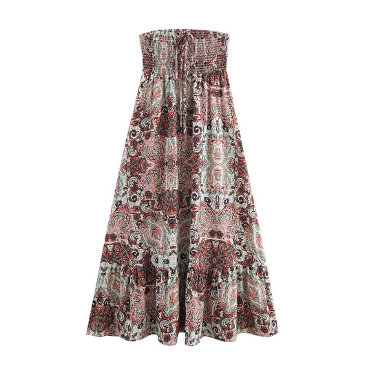 Strapless collar printed waist cinching A-line dress for women