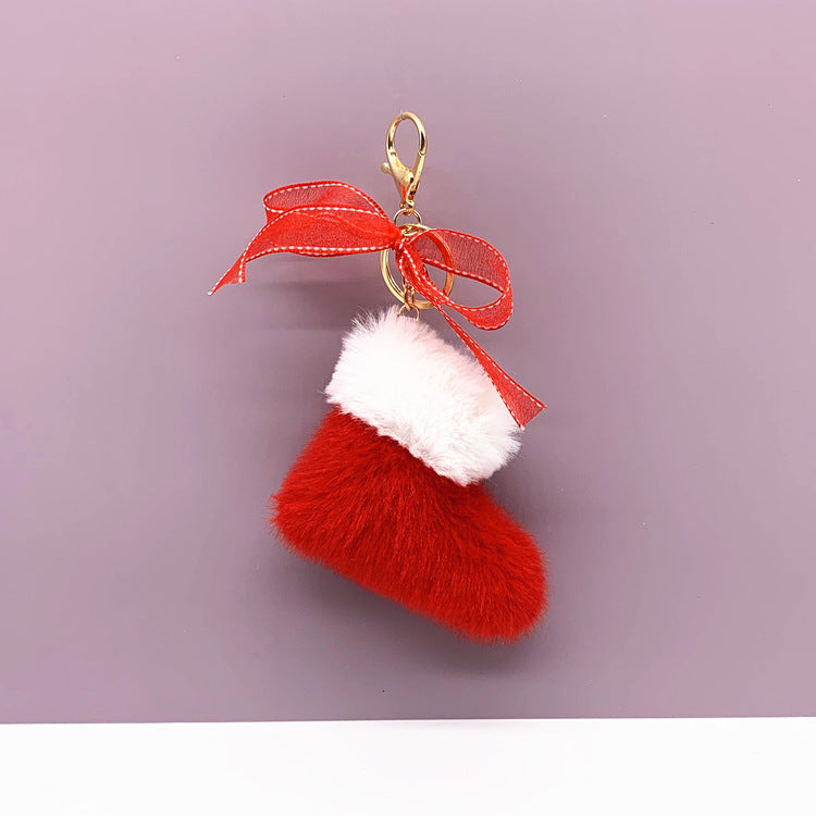 Christmas Boots Key Chain Cute Bow Bag Pendant Cartoon Plush Car Key Chain Ring Gift Accessories