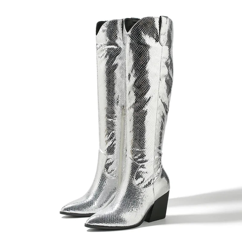 Cowgirl Women Knee-High Boots Fashion Zipper Pointed Toe Chunky Low Square Heels Shoes