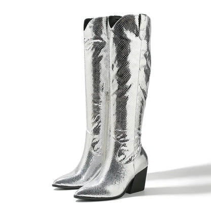 Cowgirl Women Knee-High Boots Fashion Zipper Pointed Toe Chunky Low Square Heels Shoes