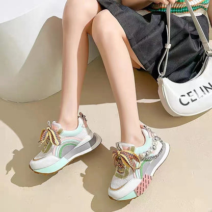 Women Leather Sneakers Lace Up Rainbow Colors Platform Shoes Pearls Chain