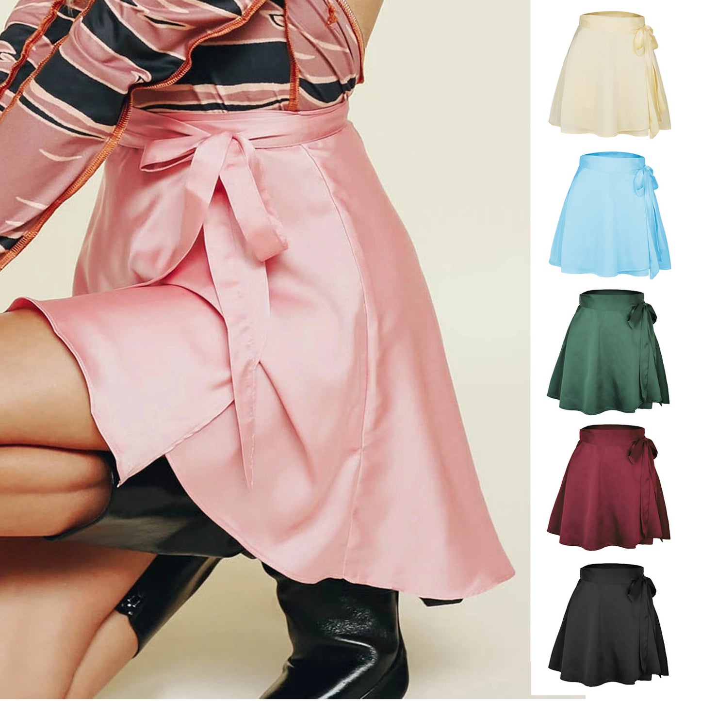Solid color midi skirt with high waist and lace up skirt