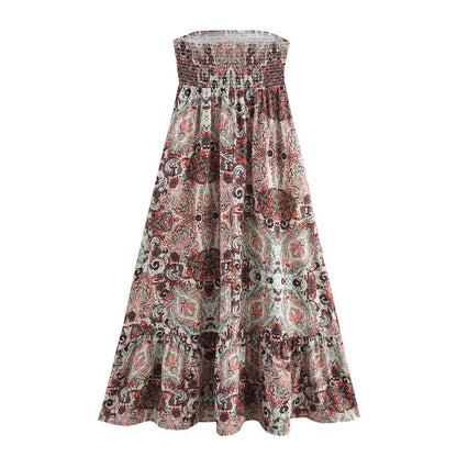 Strapless collar printed waist cinching A-line dress for women