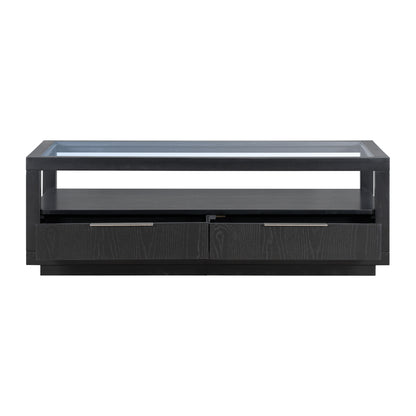 U-Can modern wooden coffee table with 2 drawers and minimalist display coffee table with transparent tempered glass