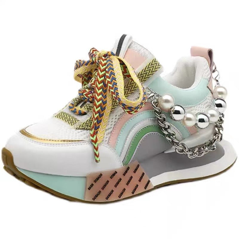 Women Leather Sneakers Lace Up Rainbow Colors Platform Shoes Pearls Chain