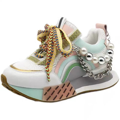 Women Leather Sneakers Lace Up Rainbow Colors Platform Shoes Pearls Chain