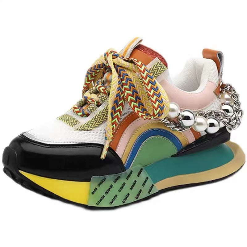 Women Leather Sneakers Lace Up Rainbow Colors Platform Shoes Pearls Chain