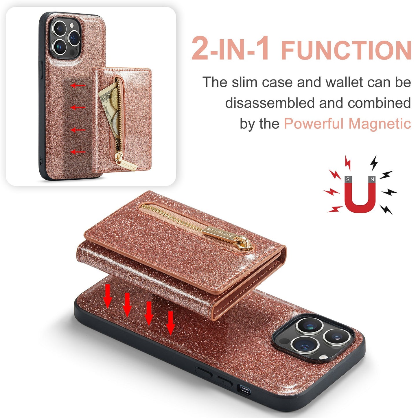 M3 For iPhone 14 Pro Max Glitter Wallet Protective Case iPhone 14 Pro Two In One Magnetic Phone Case