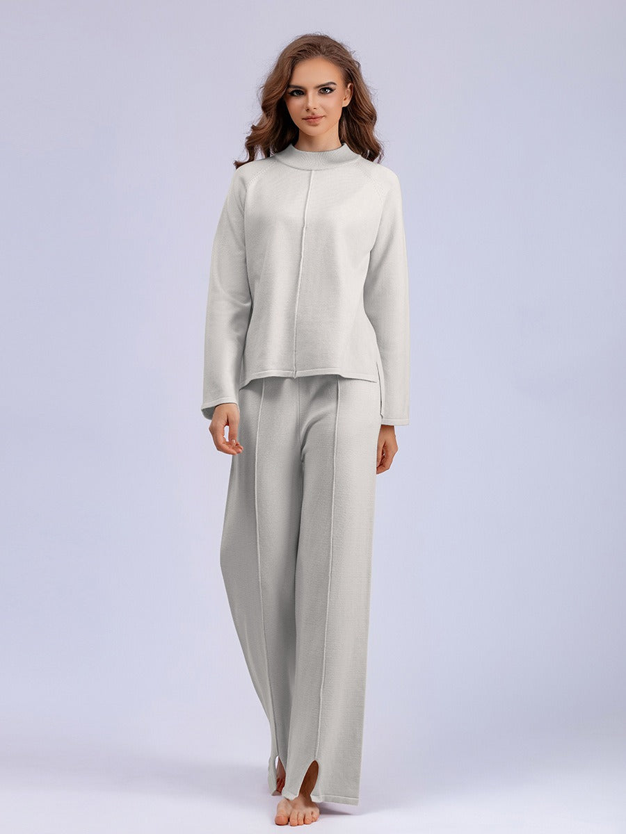 2 Pieces Set Women Knitted Tracksuit Turtleneck Sweater + Loose Slit Pants Pullover