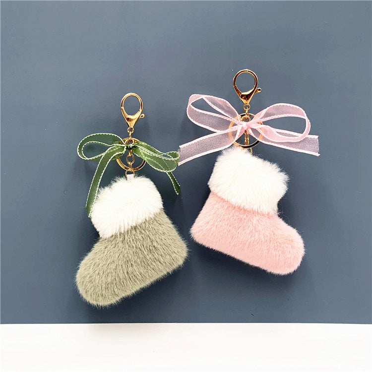 Christmas Boots Key Chain Cute Bow Bag Pendant Cartoon Plush Car Key Chain Ring Gift Accessories