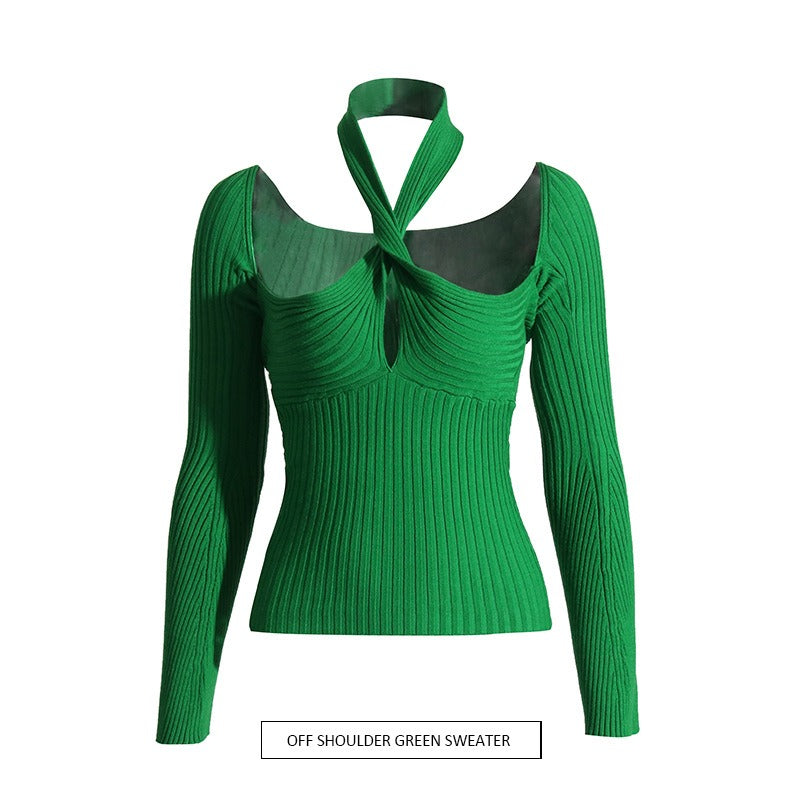 Sexy Fall New Hollow Strapless Knotted Long-Sleeved Stitching Knitted Women's Shirt