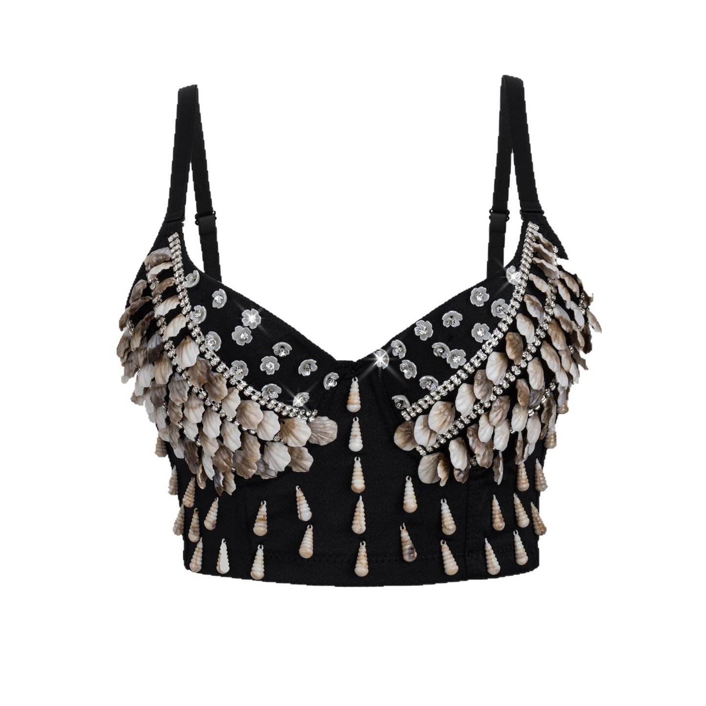 Sexy Black Bralette with Shell and Flower Decorations