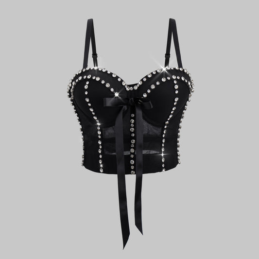 Sexy Handmade Beaded Color-Block Bowknot Mini Camisole