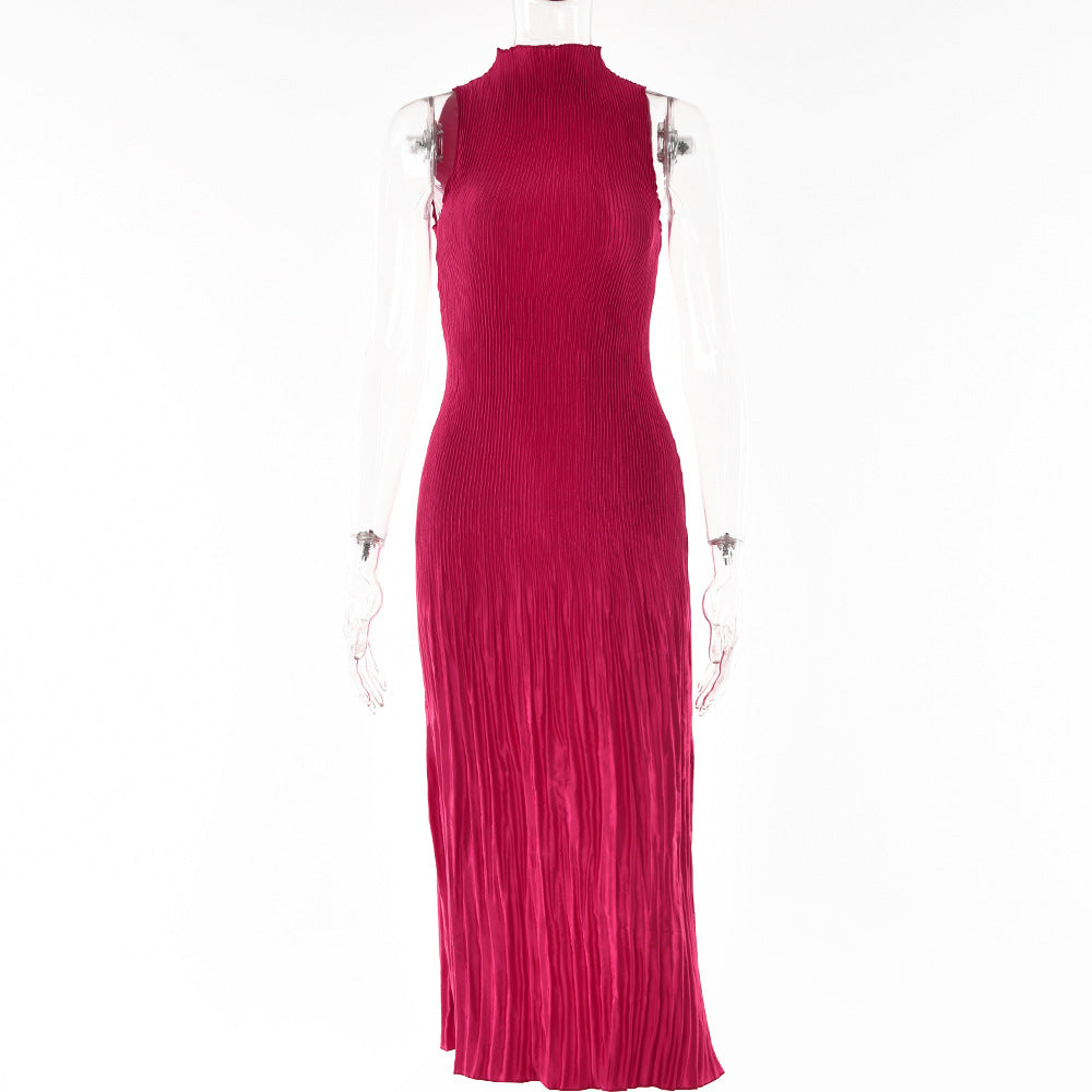 Women Pleated Dress Elegant Red Sleeveless Slim Party Dress