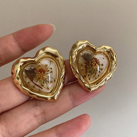 French Vintage Gold Color Punk Metal Flower Resin Heart Earrings Party Wedding Jewelry