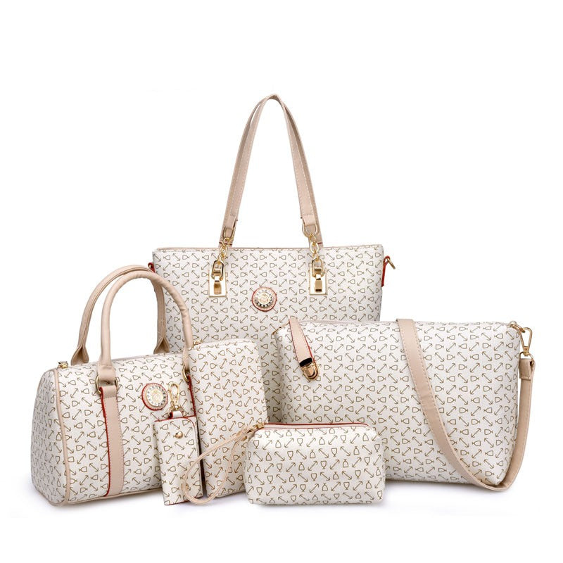 Fish bone patterned bun mother bag six piece set, single shoulder diagonal cross portable bun mother bag