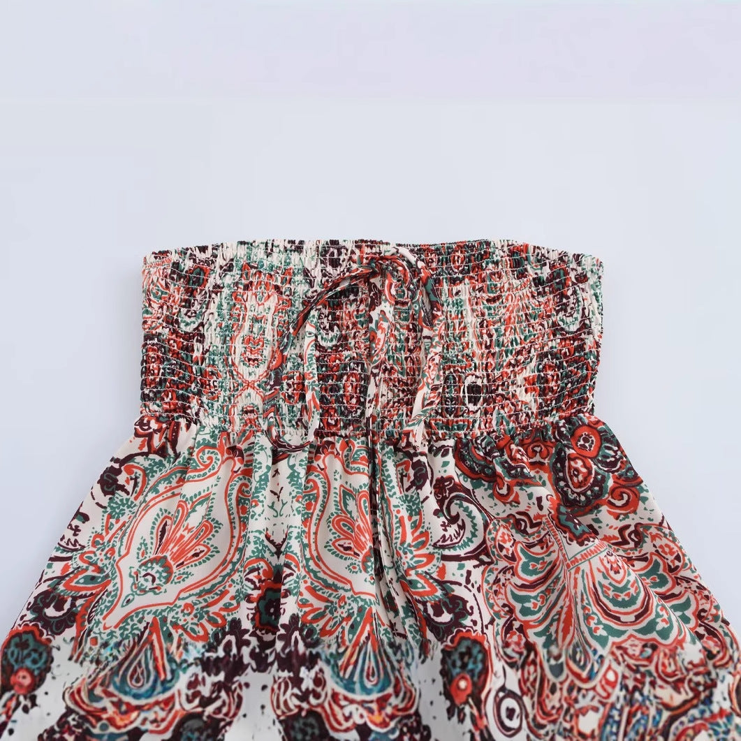 Strapless collar printed waist cinching A-line dress for women