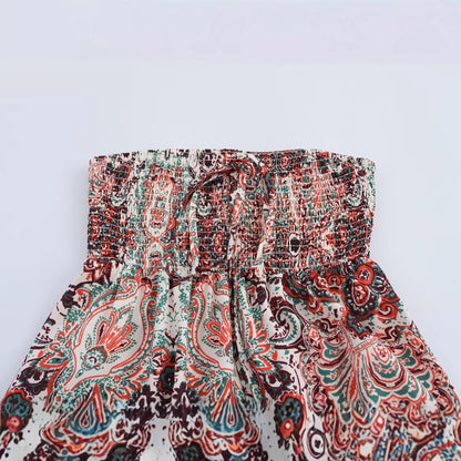 Strapless collar printed waist cinching A-line dress for women
